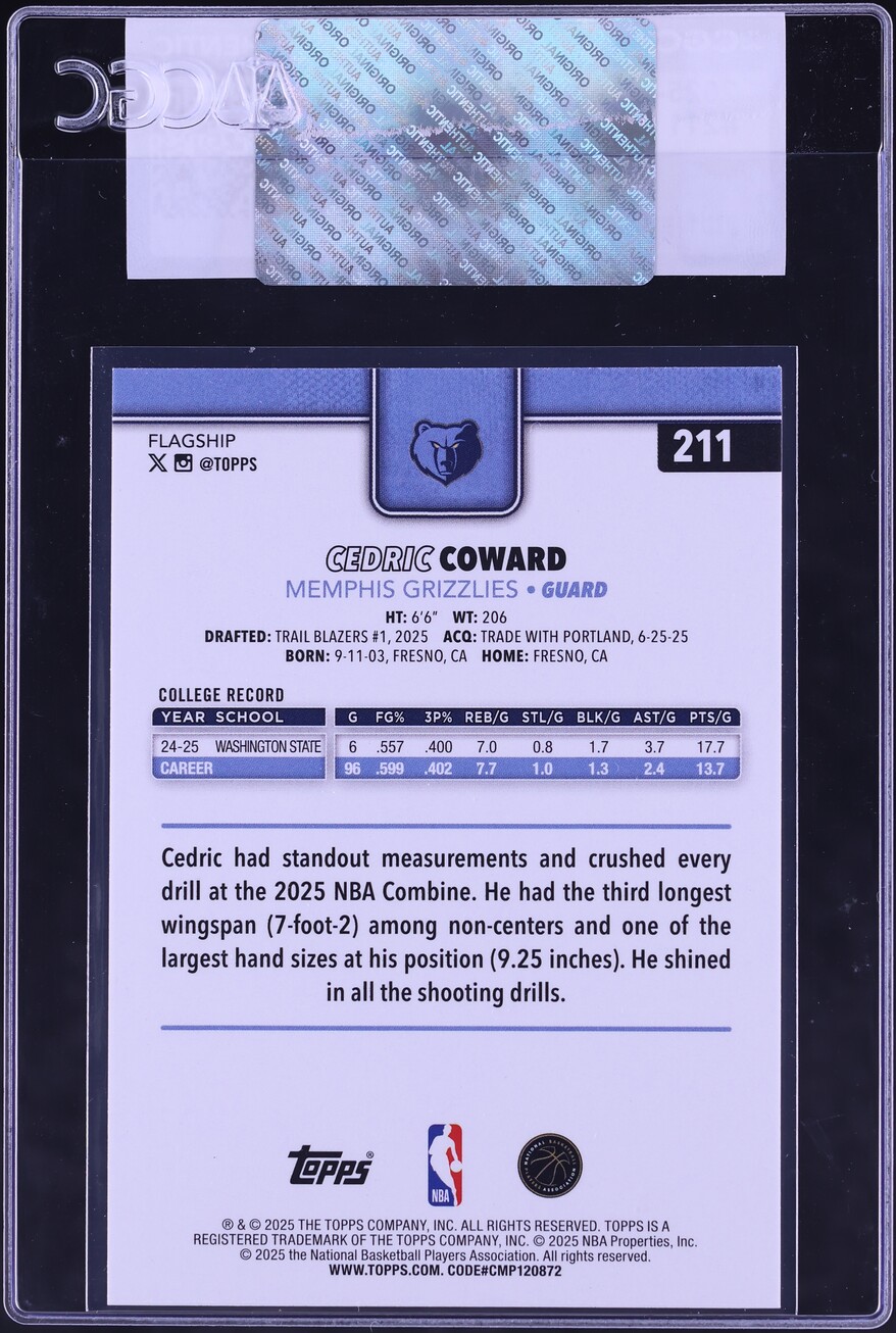 2025 Topps Basketball Cedric Coward ROOKIE #211 CGC AUTH