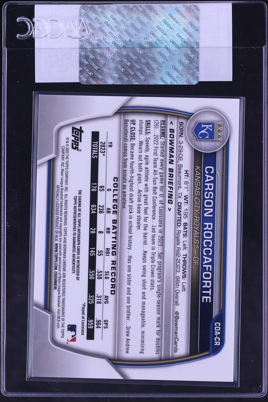 2023 Bowman Chrome Draft Carson Roccaforte PROSPECT AUTO #CDA-CR CGC AUTH