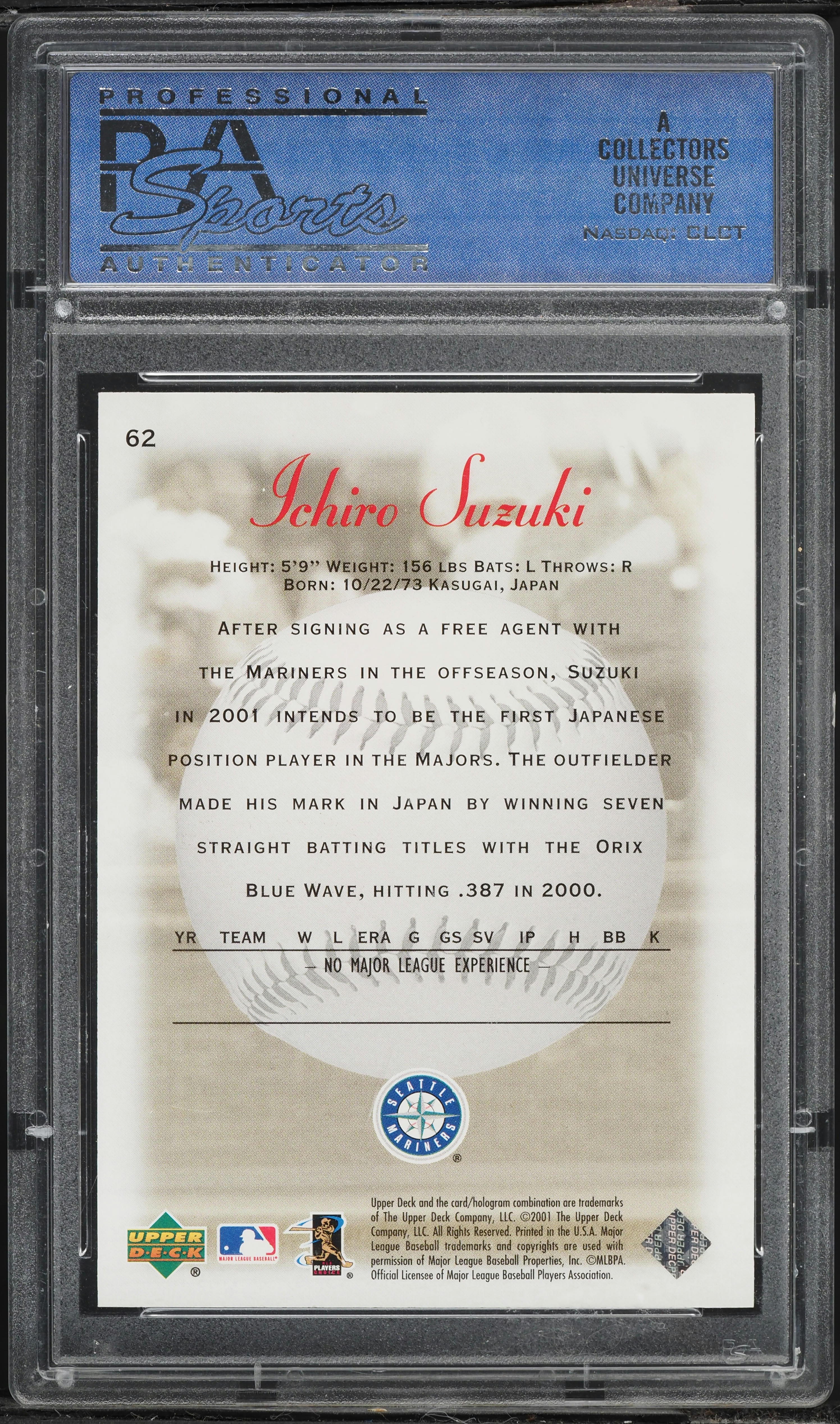 2001 Upper Deck Sweet Spot Ichiro ROOKIE /1000 #62 PSA 9 MINT on
