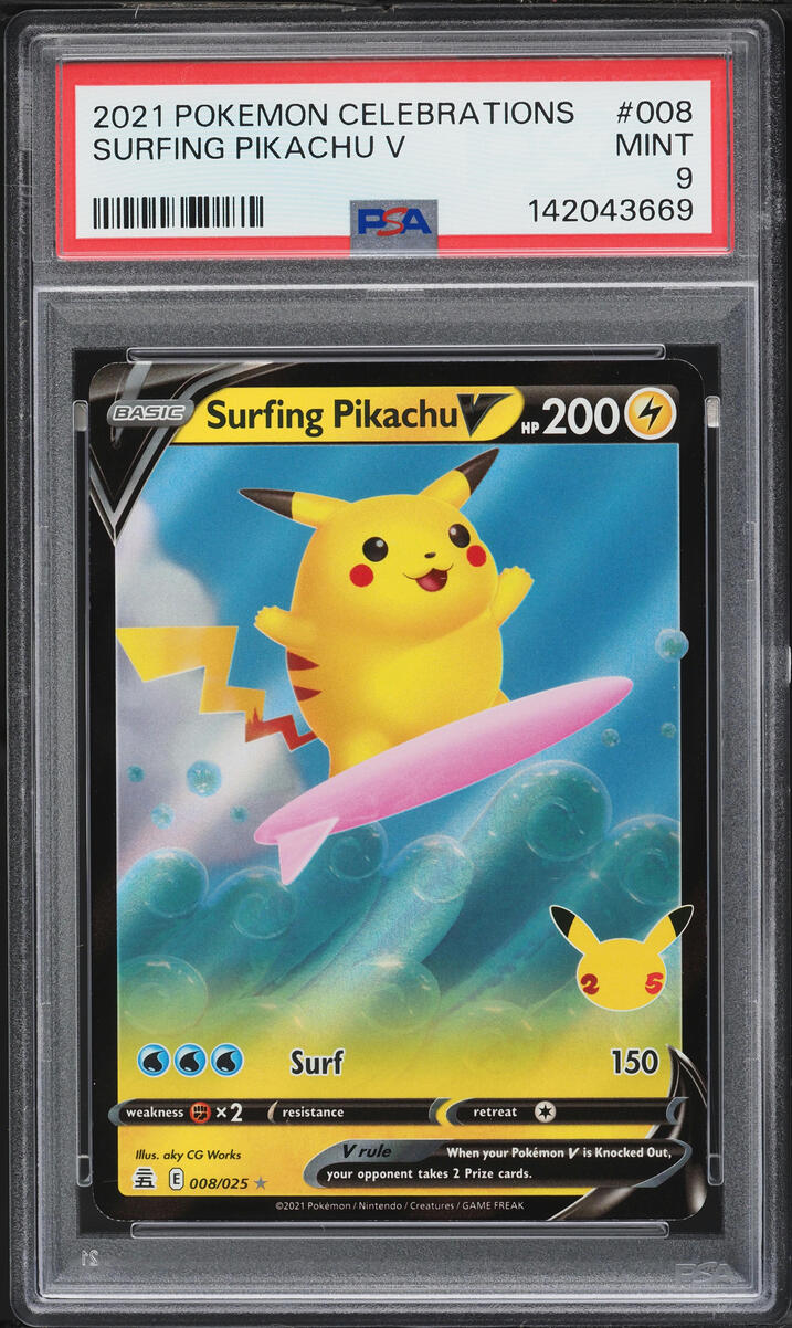 2021 Pokemon Sword & Shield Celebrations Full Art Surfing Pikachu V #8 PSA 9 MINT