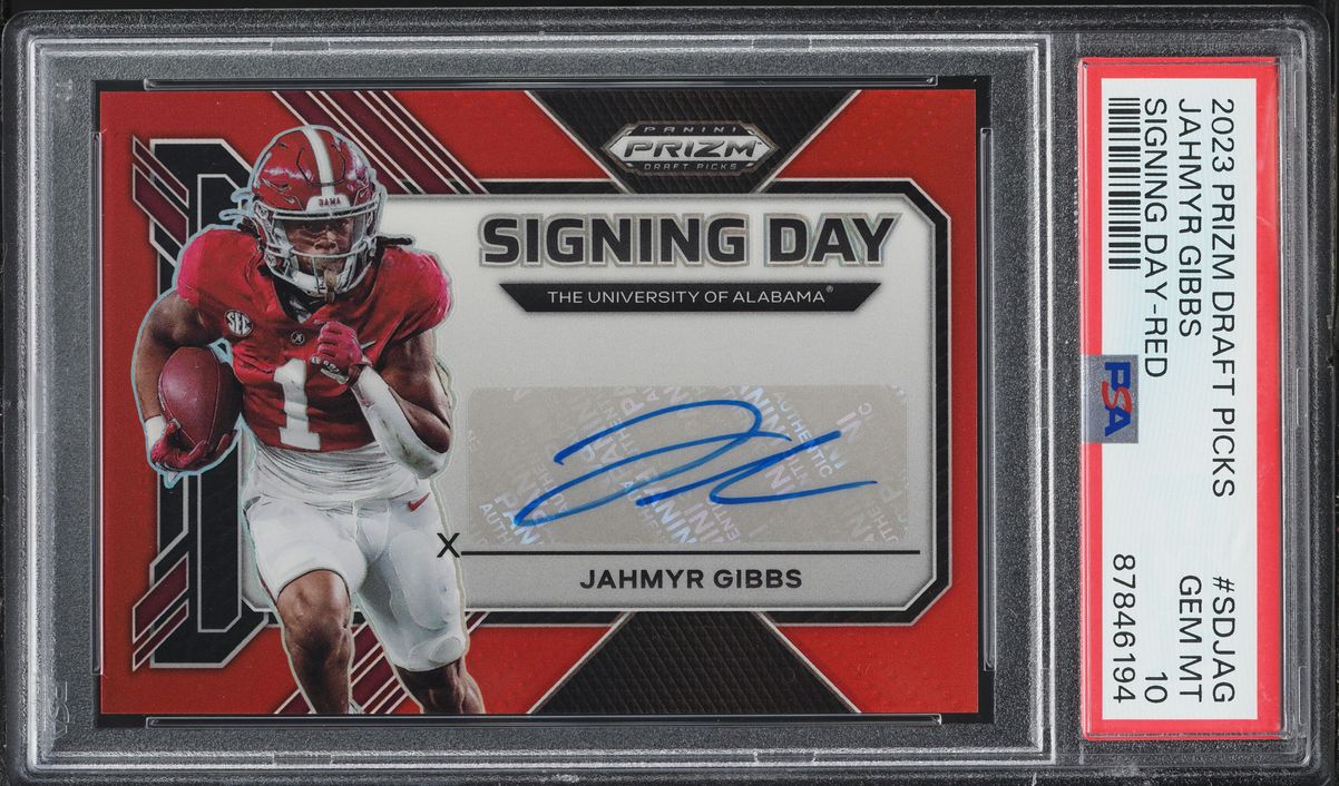 2023 Panini Prizm Draft Picks Signing Day Red Jahmyr Gibbs ROOKIE AUTO /99 #SDJAG PSA 10 GEM