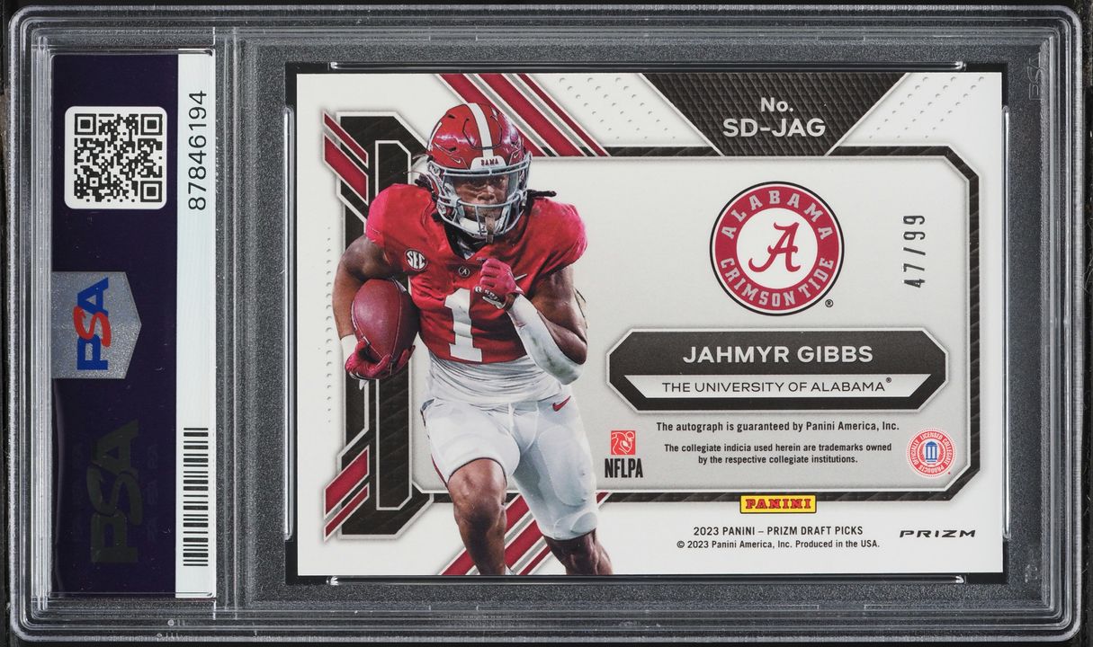 2023 Panini Prizm Draft Picks Signing Day Red Jahmyr Gibbs ROOKIE AUTO /99 #SDJAG PSA 10 GEM
