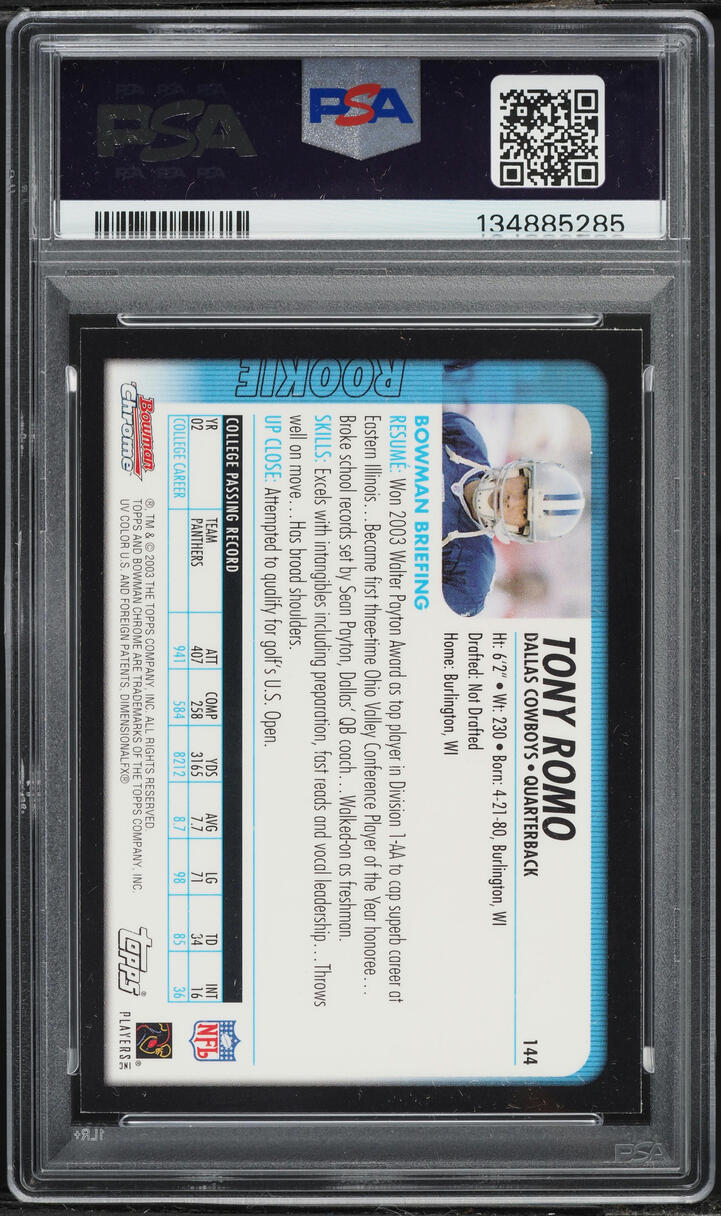 2003 Bowman Chrome Tony Romo ROOKIE #144 PSA 8 NM-MT