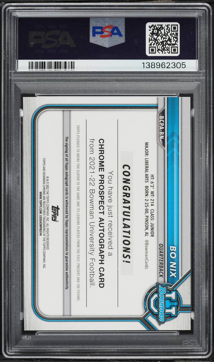 2021 Bowman University Chrome Gold Lava Refractor Bo Nix ROOKIE AUTO /50 #BN PSA 10 GEM MINT