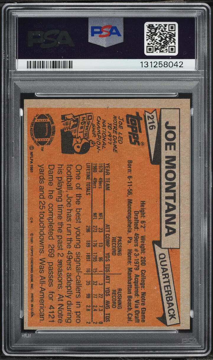 1981 Topps Football Joe Montana ROOKIE #216 PSA 7 NRMT