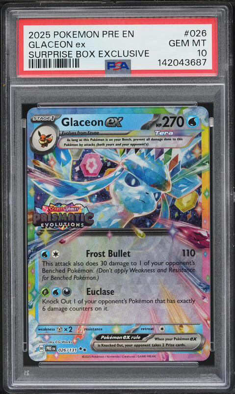 2025 Pokemon Scarlet & Violet Prismatic Evolutions Surprise Box Holo Glaceon ex #26 PSA 10 GEM
