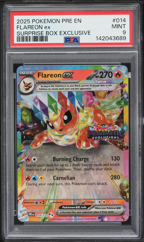 2025 Pokemon Scarlet & Violet Prismatic Evolutions Surprise Box Holo Flareon ex #14 PSA 9 MINT