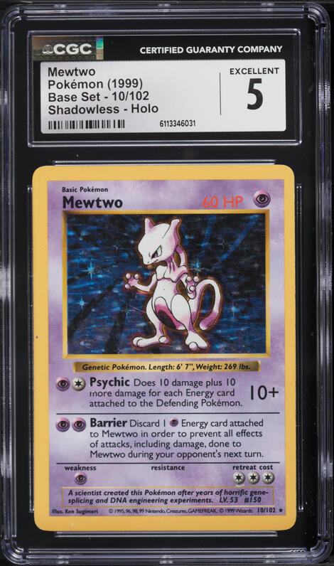 1999 Pokemon Base Set Shadowless Holo Mewtwo #10 CGC 5 EX