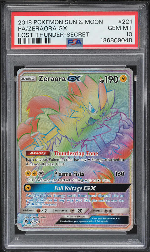 2018 Pokemon Sun & Moon Lost Thunder Rainbow Rare Zeraora GX #221 PSA 10 GEM MINT