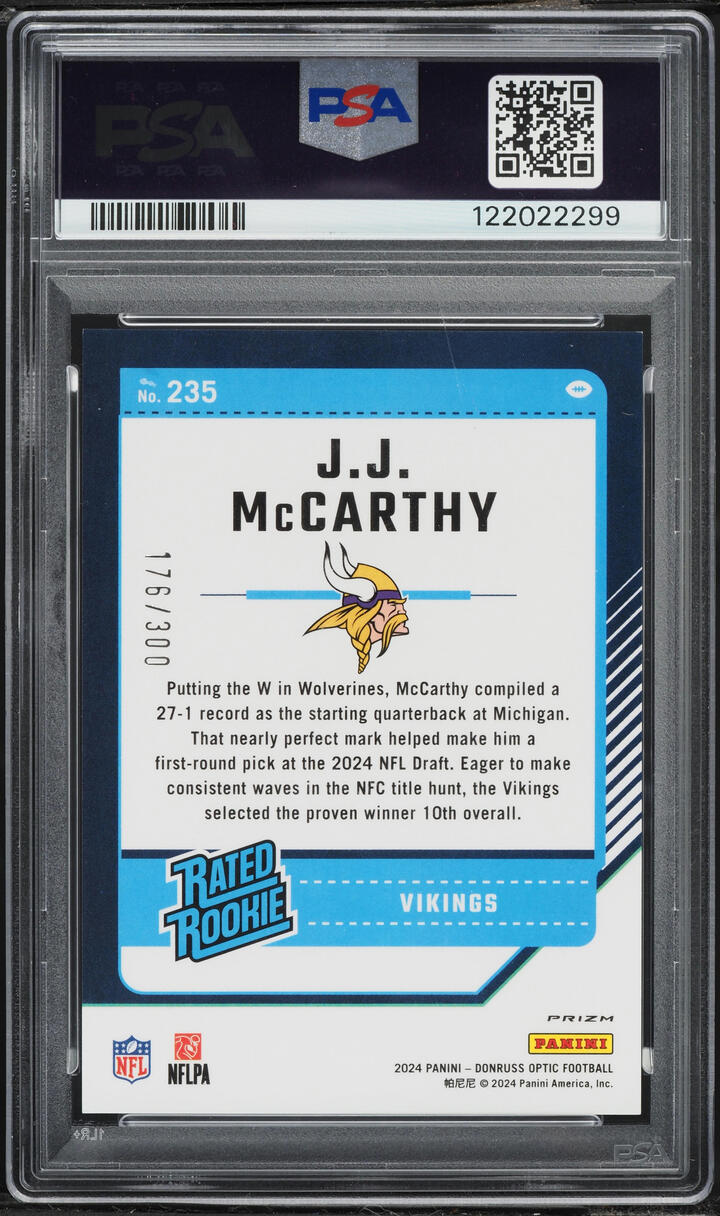 2024 Donruss Optic Wave J.J. McCarthy ROOKIE /300 #235 PSA 9 MINT