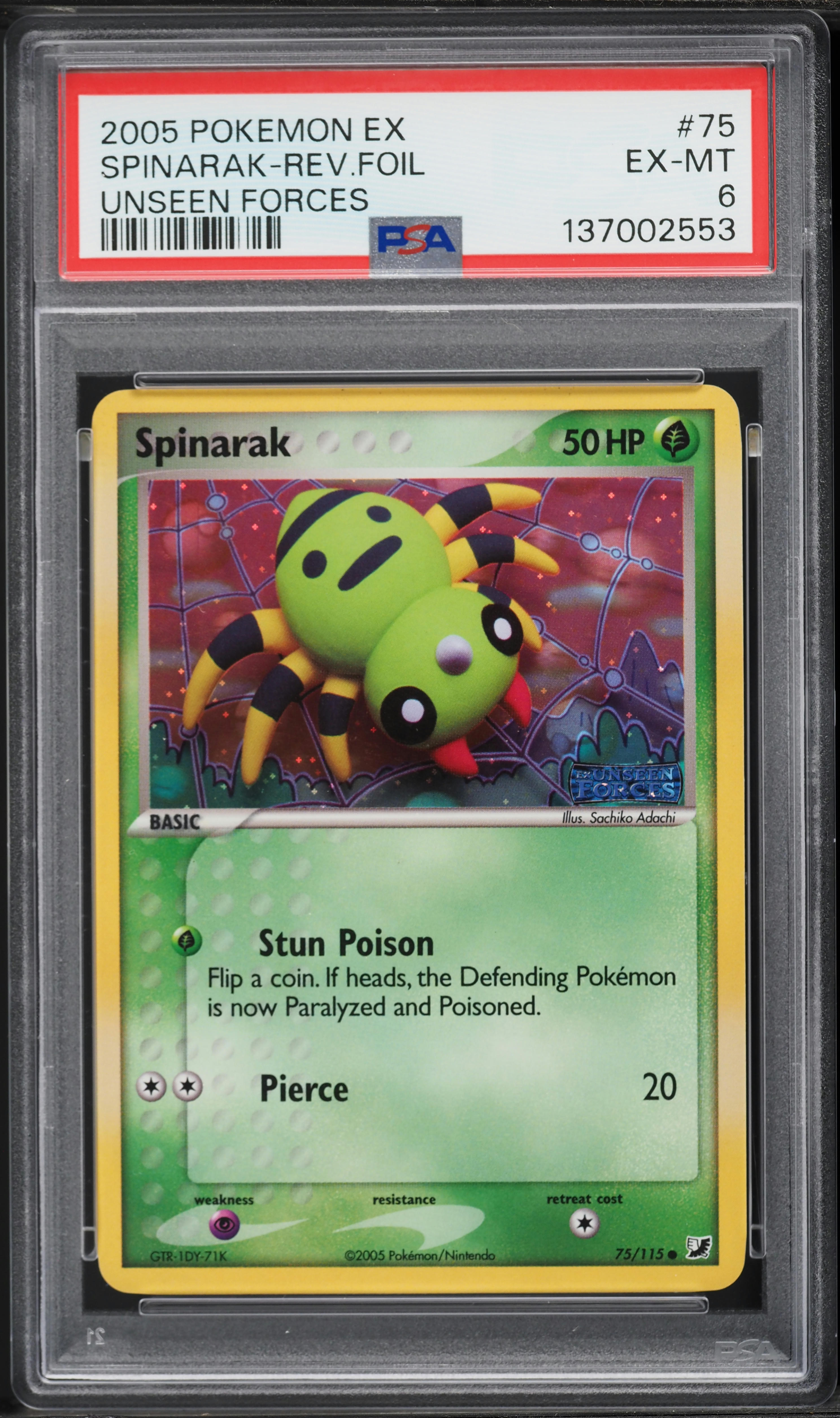 2005 Pokemon EX Unseen Forces Reverse Holo Spinarak #75 PSA 6 EXMT on Fanatics Collect 2005 Pokemon EX Unseen Forces Reverse Holo Spinarak #75 PSA 6 EXMT on Fanatics Collect