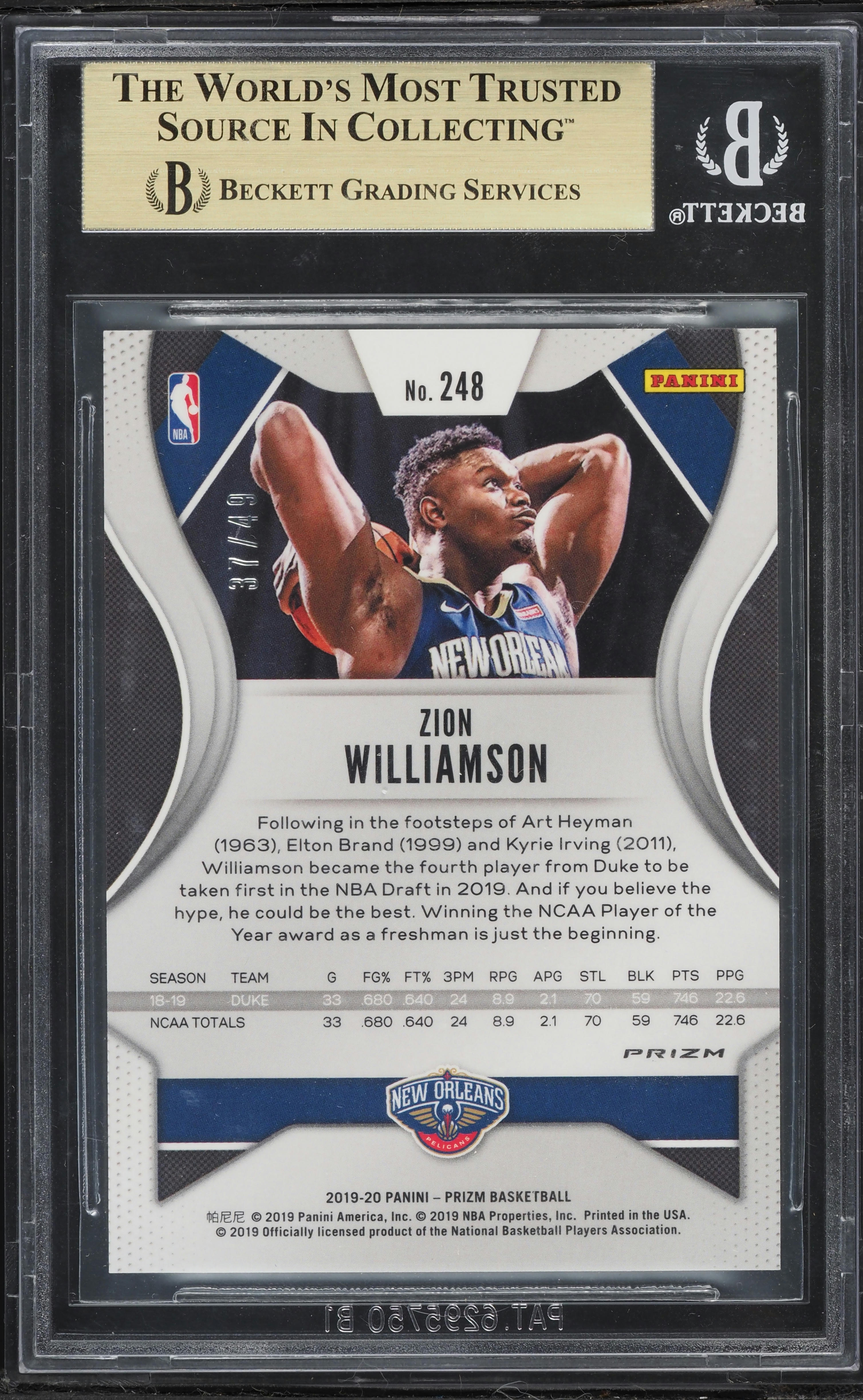 2019 Panini Prizm Orange Zion Williamson ROOKIE /49 #248 BGS 9.5