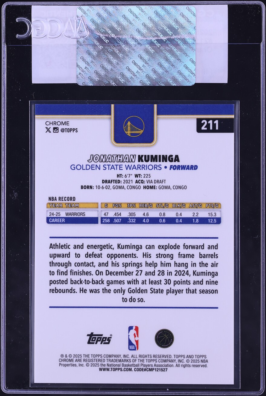 2025 Topps Chrome Orange Geometric Refractor Jonathan Kuminga /25 #211 CGC AUTH