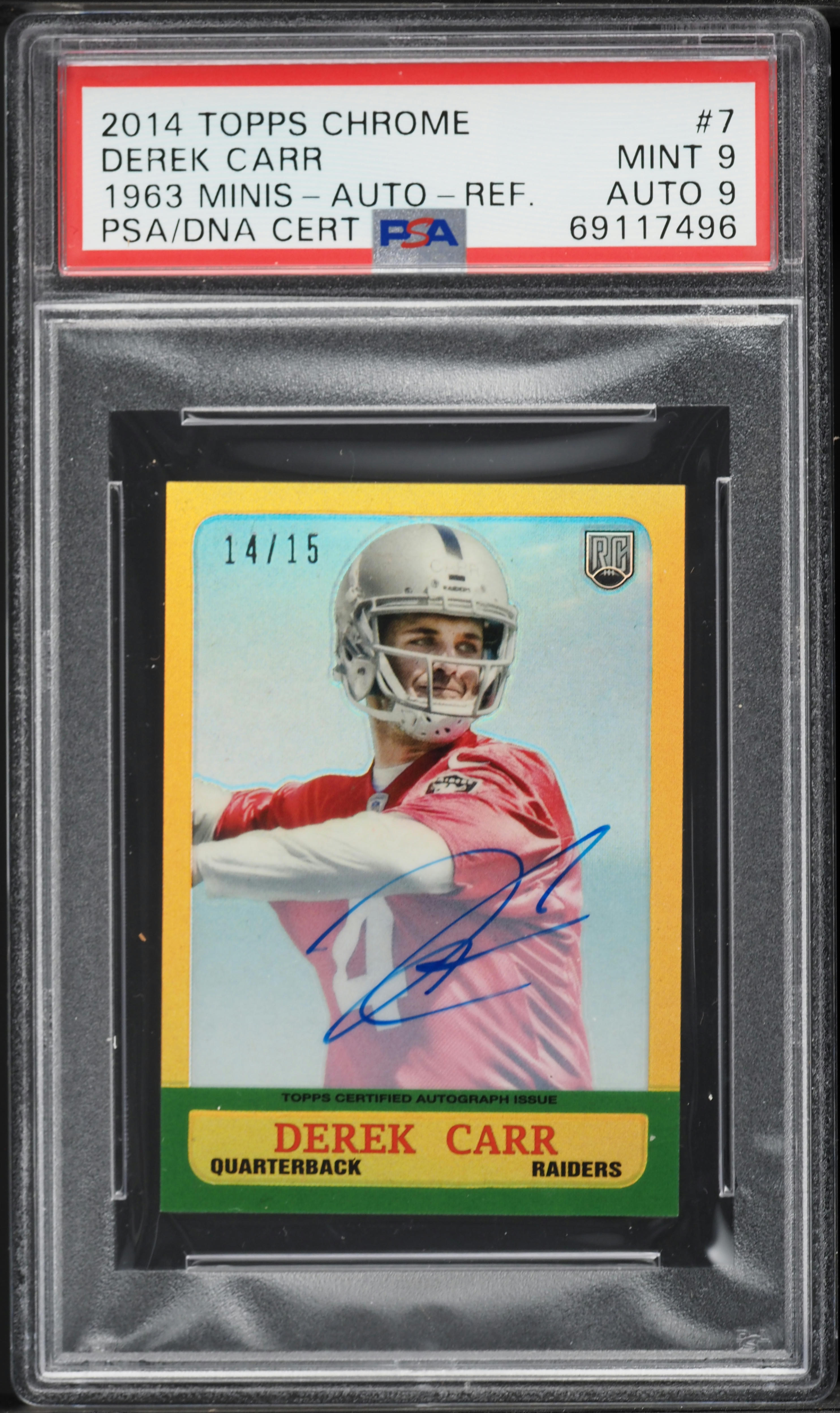 2014 Topps Chrome '63 Mini Refractor Derek Carr ROOKIE AUTO DNA 9