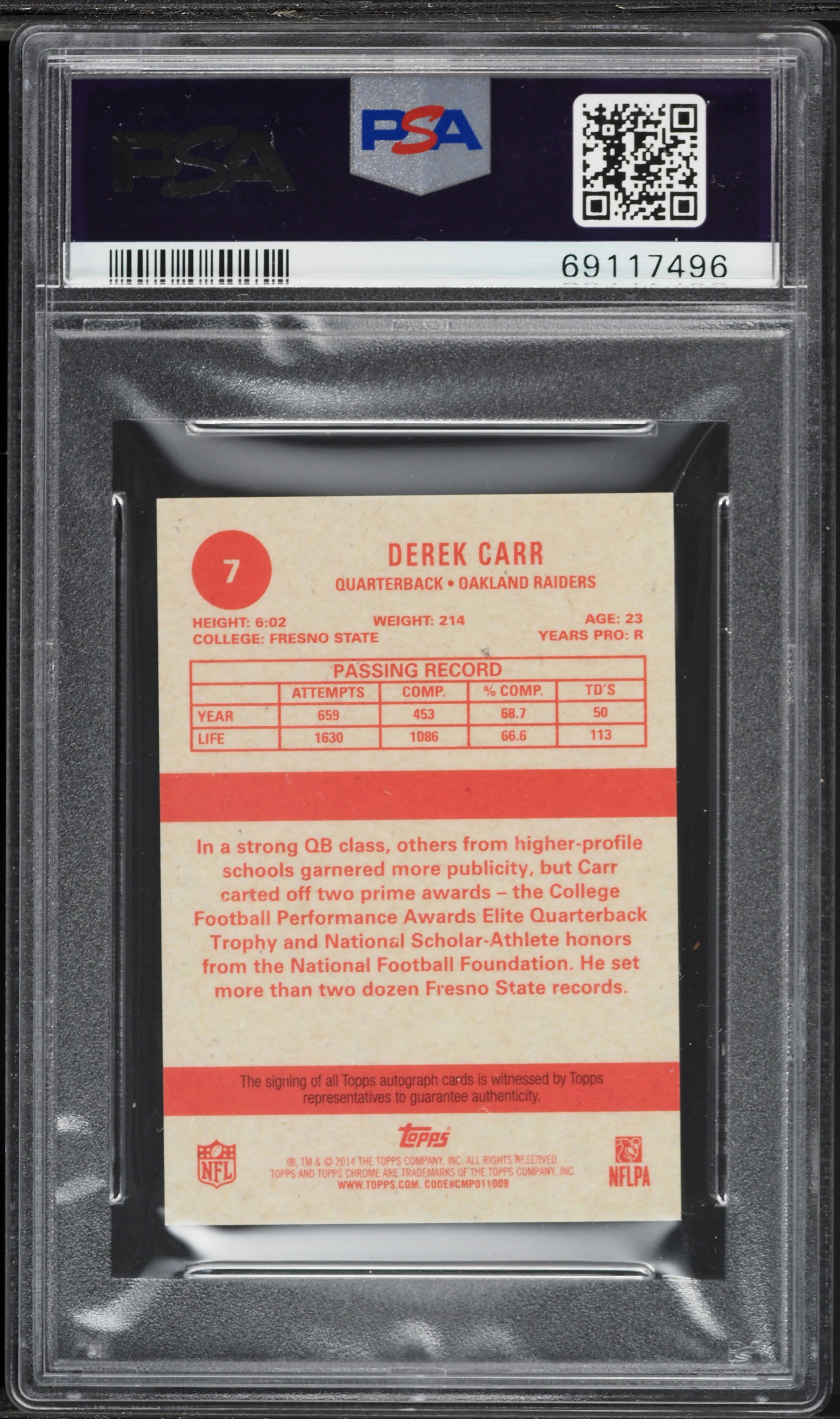 2014 Topps Chrome '63 Mini Refractor Derek Carr ROOKIE AUTO DNA 9
