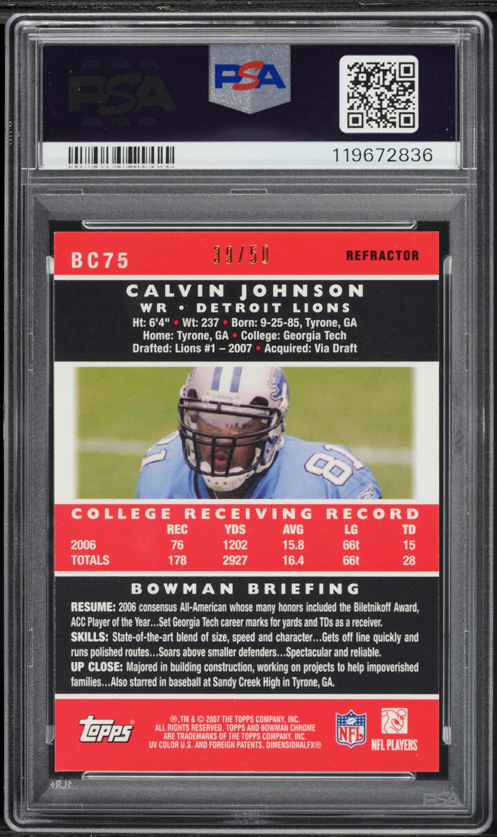 2007 Bowman Chrome Gold Refractor Calvin Johnson ROOKIE /50 #BC75 PSA 10 GEM MINT