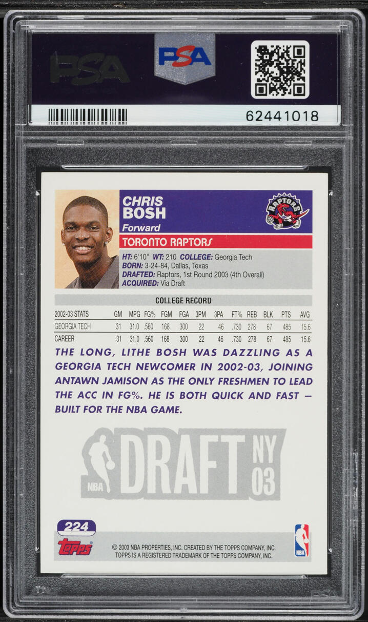 2003 Topps Basketball Chris Bosh ROOKIE #224 PSA 7 NRMT