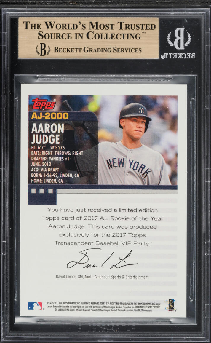 2018 Topps Transcendent VIP Party History Aaron Judge ROOKIE /87 #AJ2000 BGS 9.5 GEM MINT