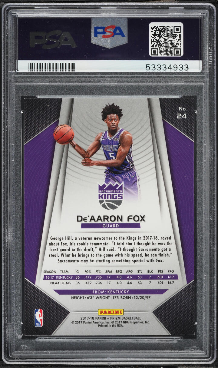 2017 Panini Prizm De'Aaron Fox ROOKIE #24 PSA 10 GEM MINT