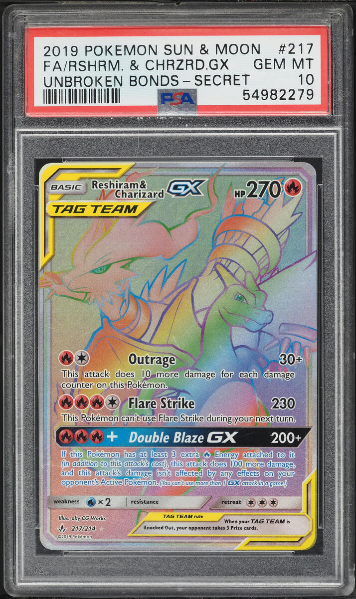 2019 Pokemon Sun & Moon Unbroken Bonds Rainbow Rare Reshiram Charizard GX #217 PSA 10 GEM MINT