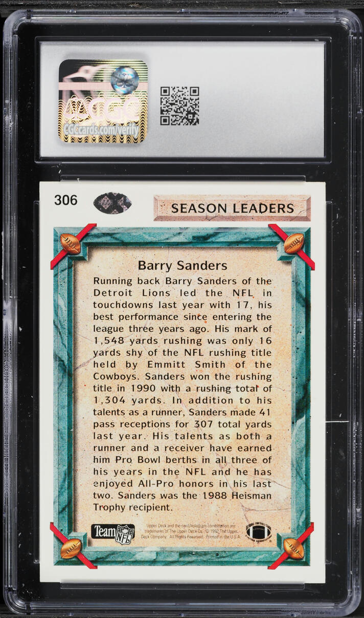 1992 Upper Deck Football Barry Sanders #306 CGC 8.5 NM-MT+