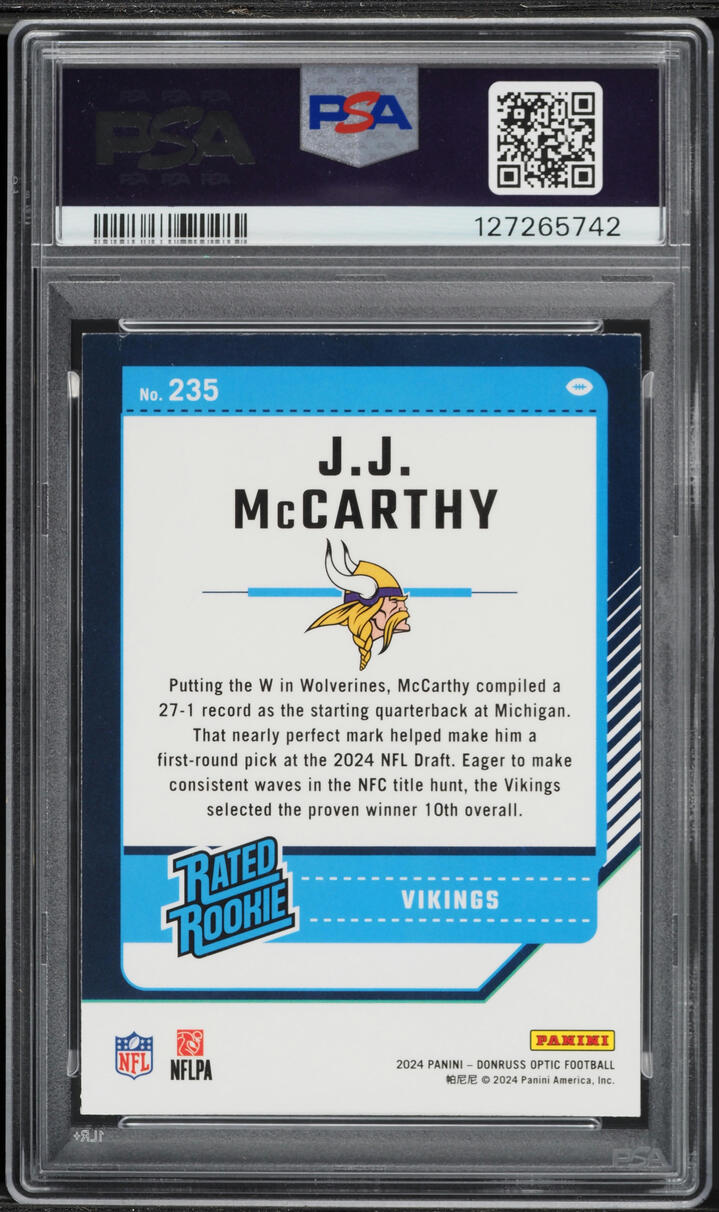 2024 Donruss Optic J.J. McCarthy ROOKIE #235 PSA 9 MINT