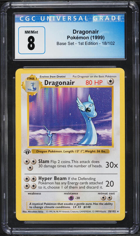 1999 Pokemon Base Set Shadowless 1st Edition Dragonair #18 CGC 8 NM-MT