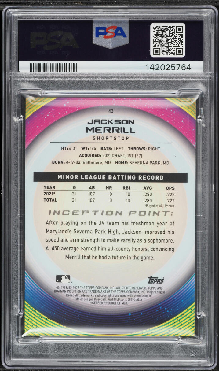 2022 Bowman Inception Fuchsia Foil Jackson Merrill PROSPECT /75 #43 PSA 10 GEM MINT