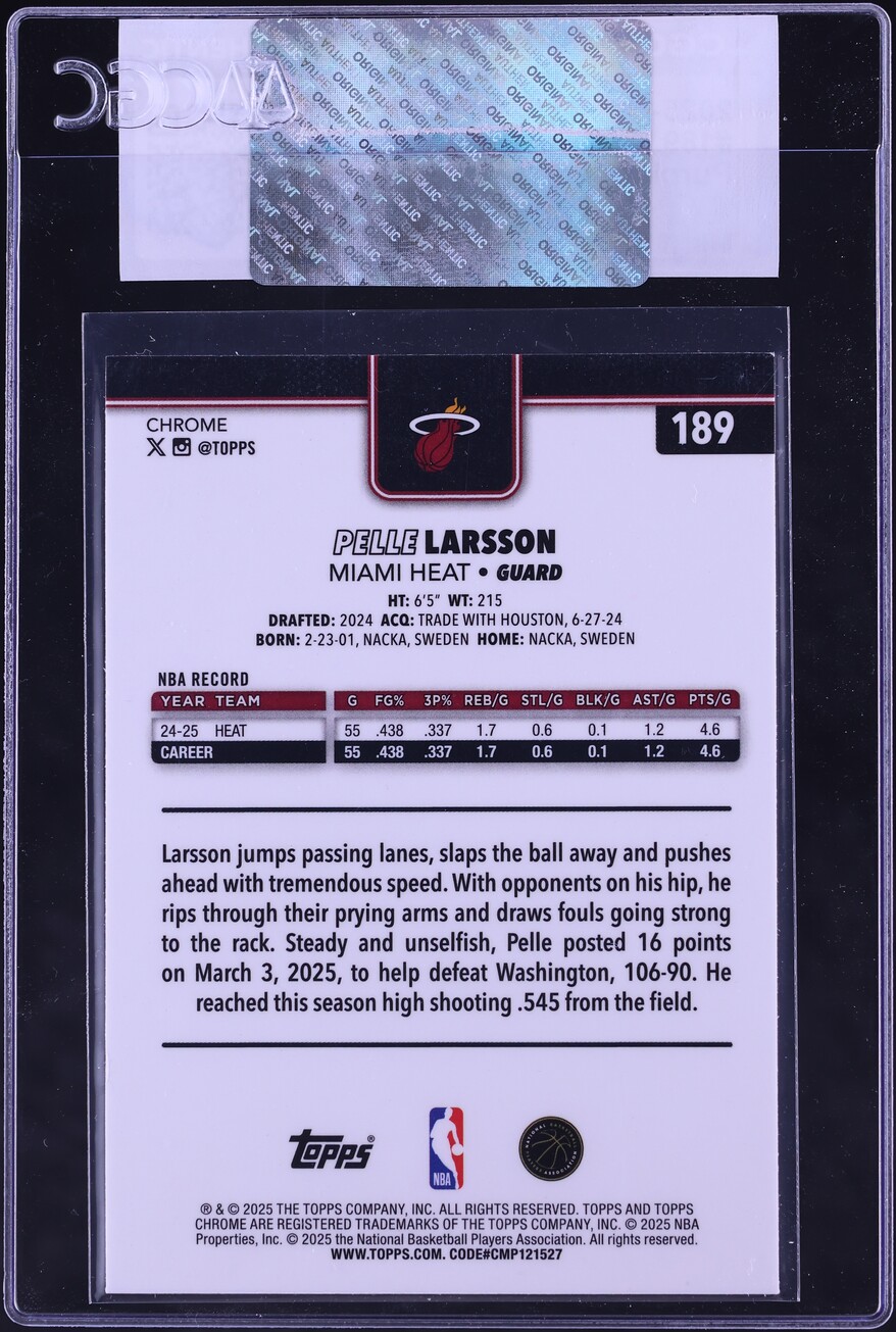 2025 Topps Chrome Purple Refractor Pelle Larsson /75 #189 CGC AUTH