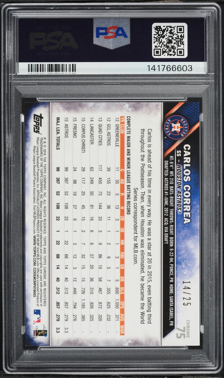 2016 Topps Chrome Future Stars Vertical Orange Refractor Carlos Correa /25 #75 PSA 10 GEM MINT