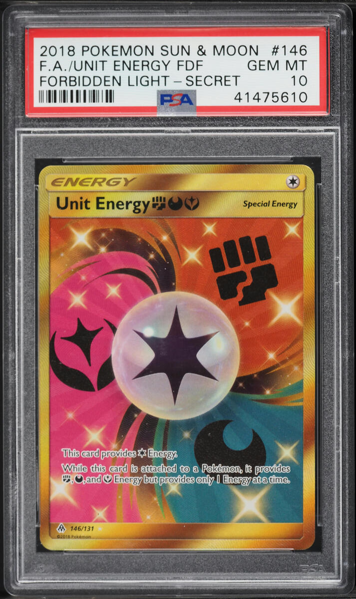 2018 Pokemon Sun & Moon Forbidden Light Gold Rare Unit Energy #146 PSA 10 GEM MINT