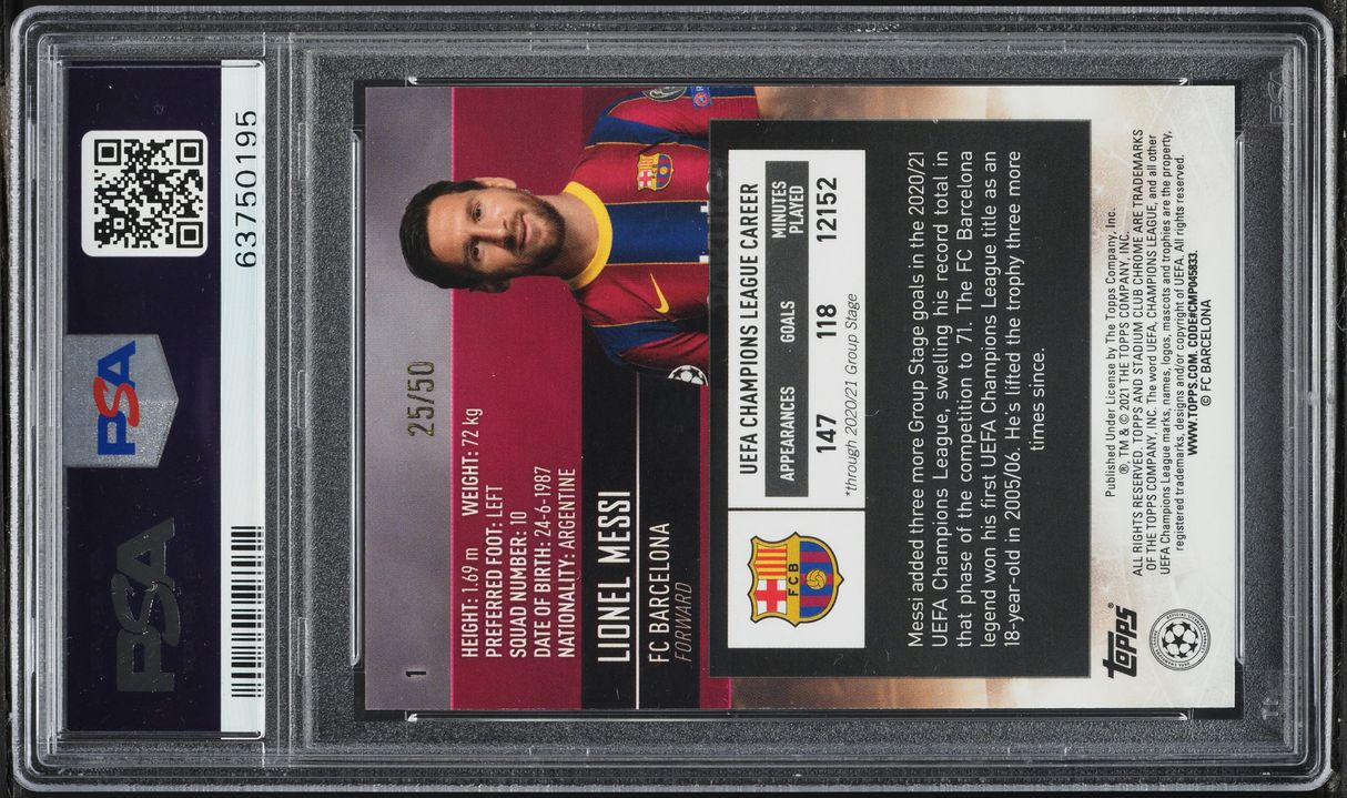 2020 Stadium Club Chrome UEFA Gold Refractor Lionel Messi /50 #1 PSA 10 GEM MINT