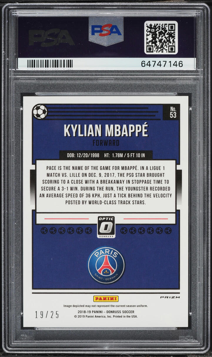 2018 Donruss Optic Black Velocity Kylian Mbappe ROOKIE /25 #53 PSA 10 GEM MINT