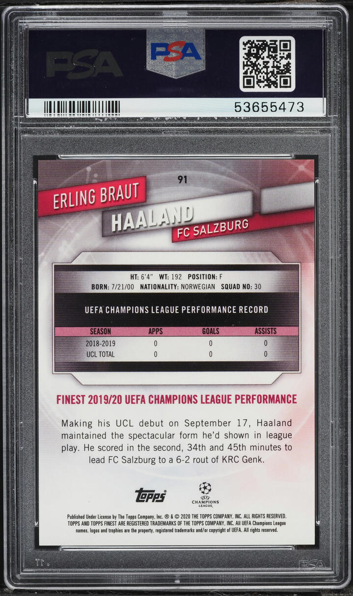 2019 Finest UEFA Green Refractor Erling Haaland ROOKIE /99 #91 PSA 9 MINT