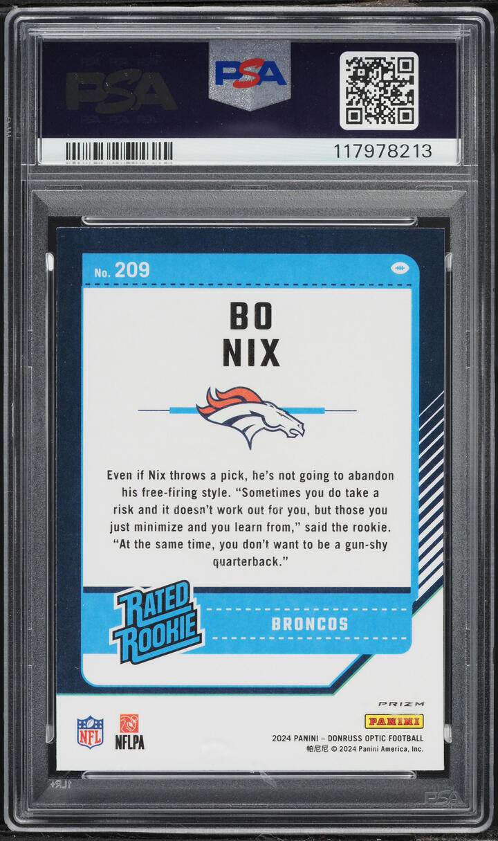 2024 Donruss Optic Purple Shock Prizm Bo Nix ROOKIE #209 PSA 10 GEM MINT
