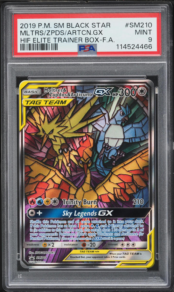 2016 Pokemon SM Promo Hidden Fates ETB Tag Team GX Moltres Zapdos Articuno GX #SM210 PSA 9 MINT