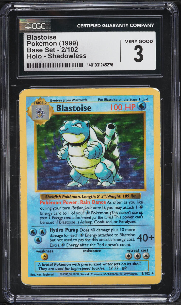 1999 Pokemon Base Set Shadowless Holo Blastoise #2 CGC 3 VG