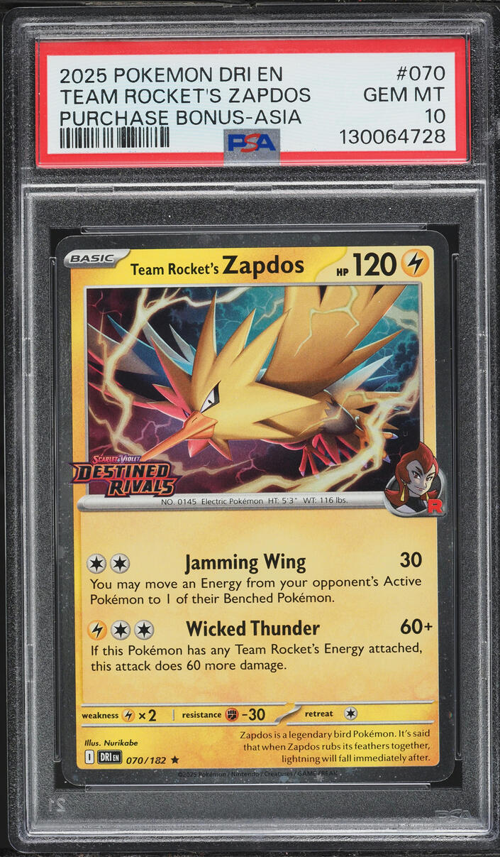 2025 Pokemon Scarlet & Violet Destined Rivals Bonus Asia Team Rocket's Zapdos #70 PSA 10 GEM