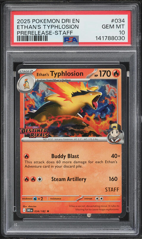 2025 Pokemon SV Destined Rivals Prerelease Staff Ethan's Typhlosion #34 PSA 10 GEM MINT