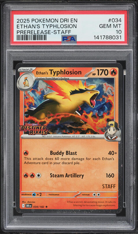 2025 Pokemon SV Destined Rivals Prerelease Staff Ethan's Typhlosion #34 PSA 10 GEM MINT