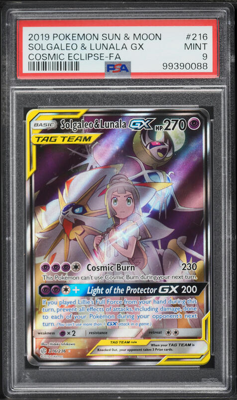 2019 Pokemon Sun & Moon Cosmic Eclipse Alt Art Solgaleo & Lunala GX #216 PSA 9 MINT