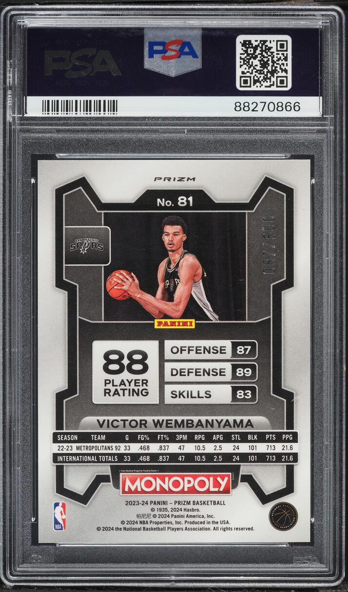 2023 Panini Prizm Monopoly Gold Millionaire Shimmer Victor Wembanyama ROOKIE /500 #81 PSA 9