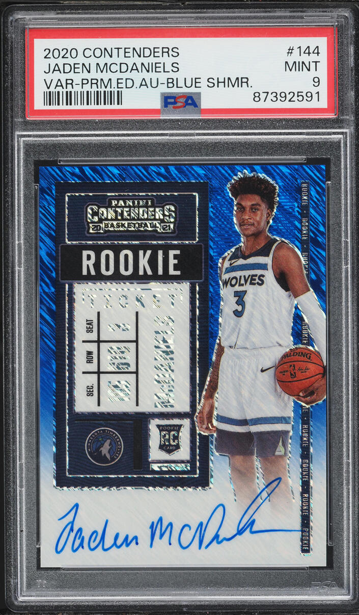 2020 Panini Contenders Variaiton Premium Blue Shimmer Jaden McDaniels ROOKIE AUTO /20 PSA 9