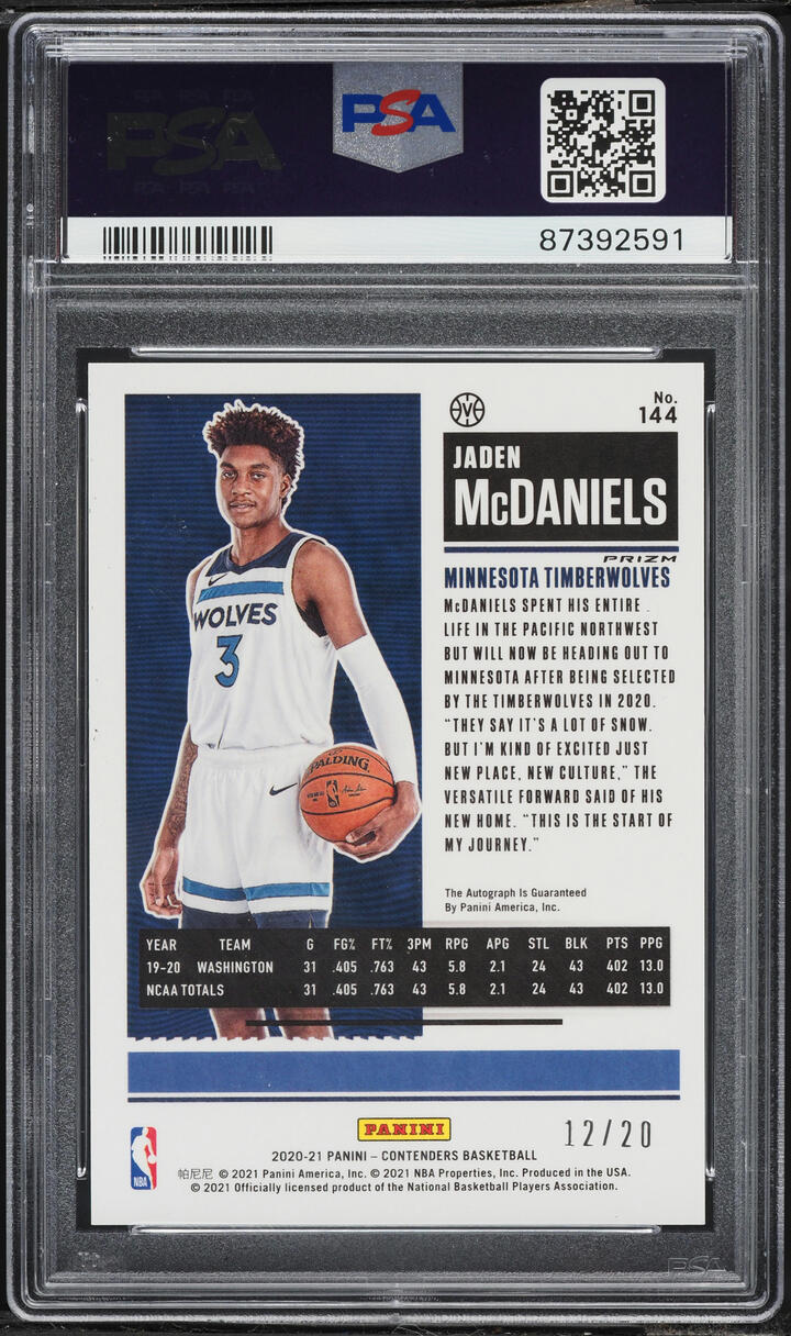 2020 Panini Contenders Variaiton Premium Blue Shimmer Jaden McDaniels ROOKIE AUTO /20 PSA 9