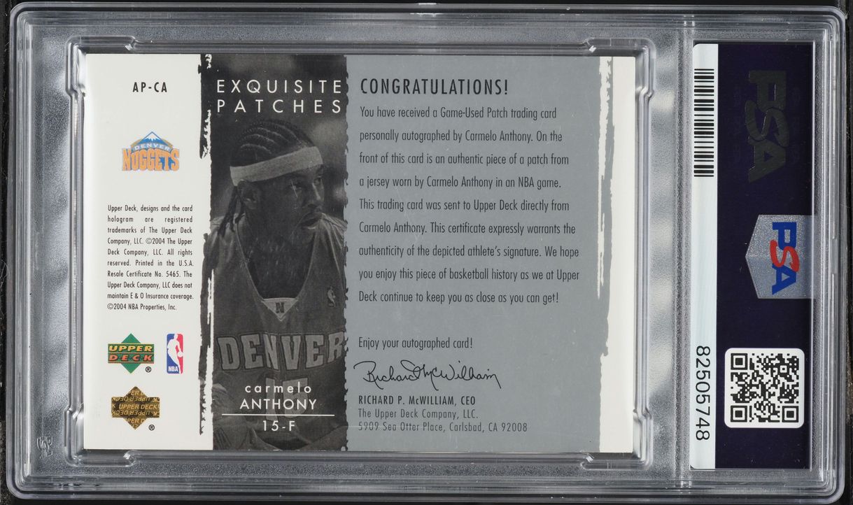 2003 Exquisite Collection Carmelo Anthony ROOKIE PATCH AUTO DNA 10 /100 #AP-CA PSA 7 NRMT