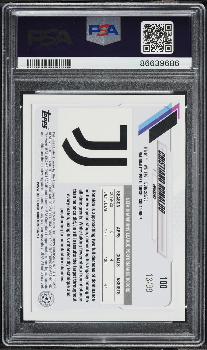 2020 Topps Chrome UEFA Champions League Sapphire Yellow Cristiano Ronaldo /99 #100 PSA 9 MINT