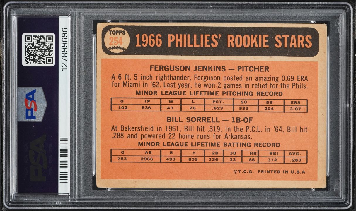 1966 Topps Phillies Ferguson Jenkins Bill Sorrell ROOKIE AUTO DNA 10 #254 PSA 2.5 GD+