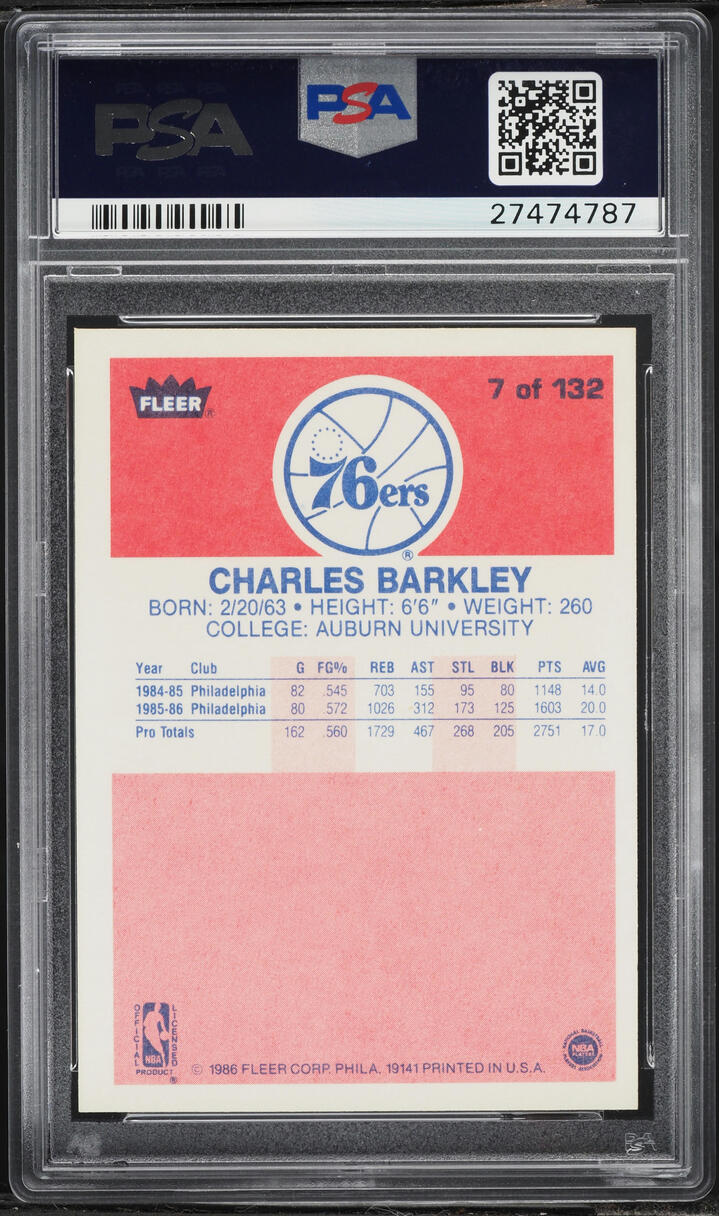 1986 Fleer Basketball Charles Barkley ROOKIE #7 PSA 9 MINT