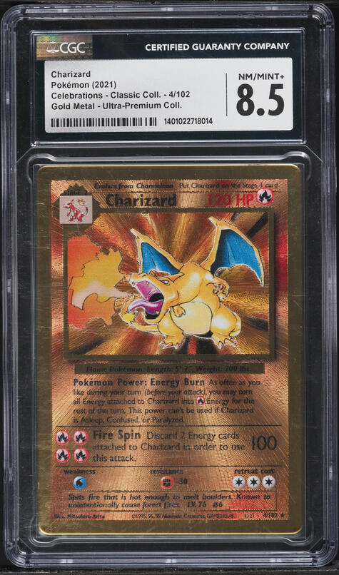 pokemon celebrations gold metal charizard card 4/102 ultra premium collection #4 PSA 9 Protected in magnetic acrylic case and featuring a striking image of the captivating character Gold-plated and just-graded, this is