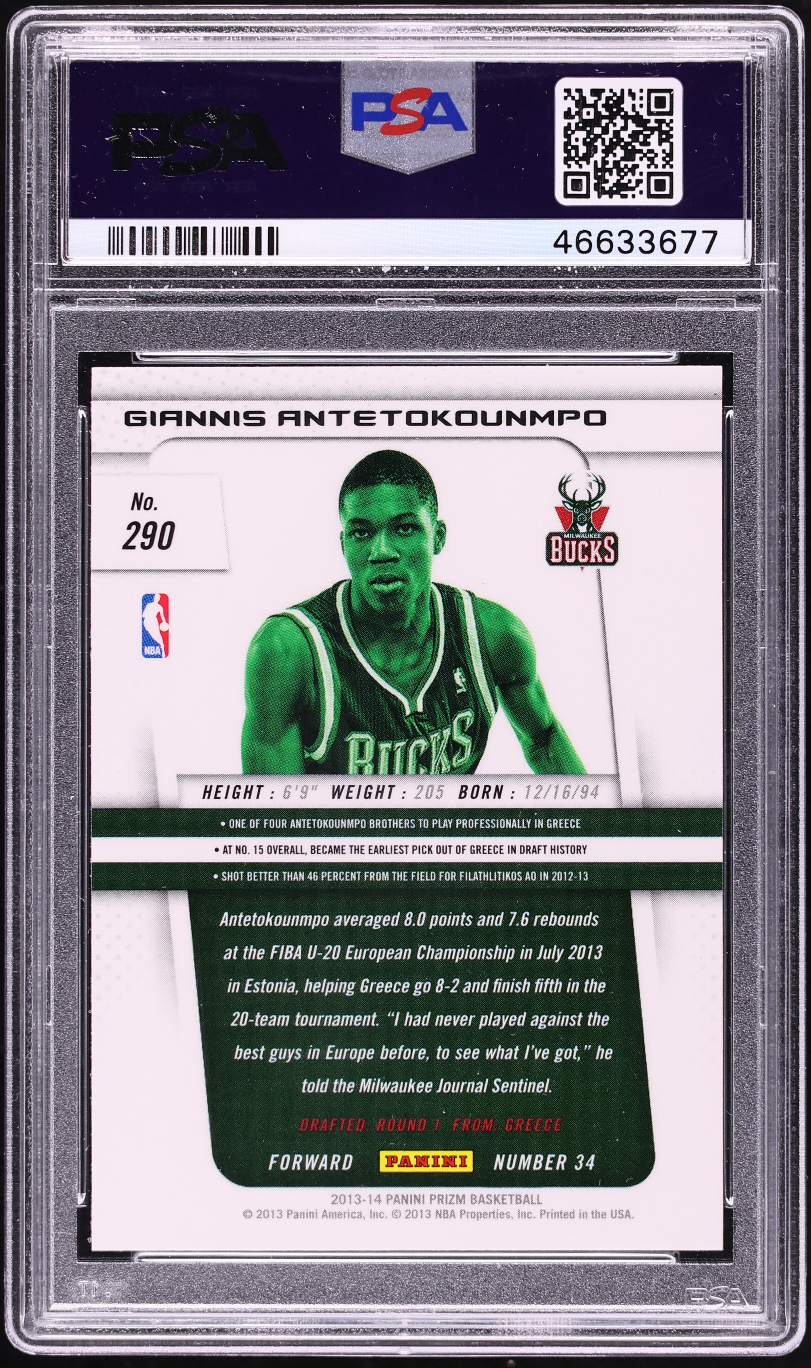 2013 Panini Prizm Giannis Antetokounmpo ROOKIE #290 PSA 10 GEM